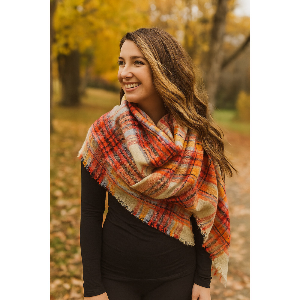 Red Plaid Neck Scarf | 58" Square Wrap Shawl | Fall Autumn Winter Layering Cover - Picture 2 of 6